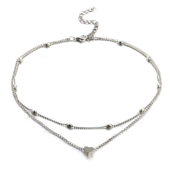 Layered Heart Choker Necklace (Silver) - Picture 4 of 6